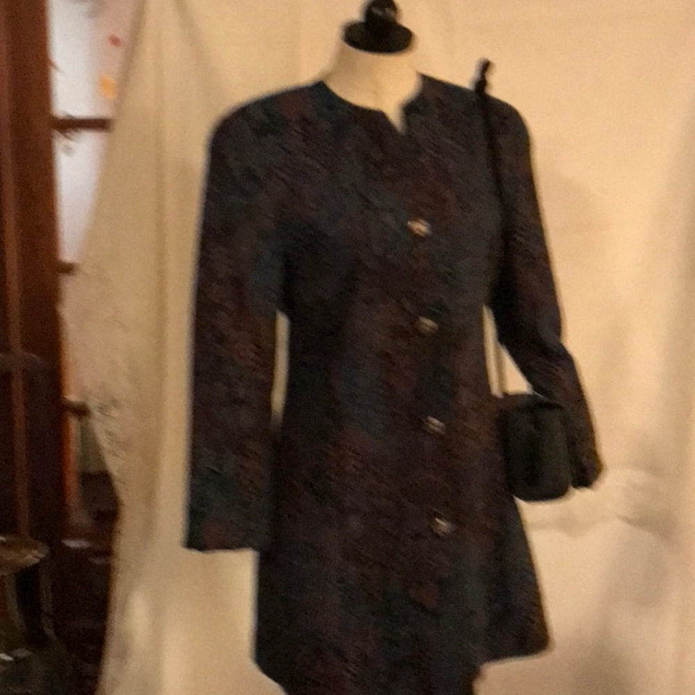 Vintage Doncaster evening coat, brocade, black and turquoise, size 6, purse